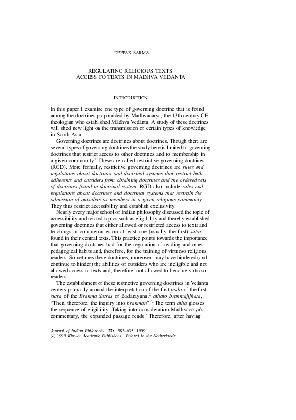 First page of “Regulating Religious Texts: Access to Texts in Mādhva Vedānta”