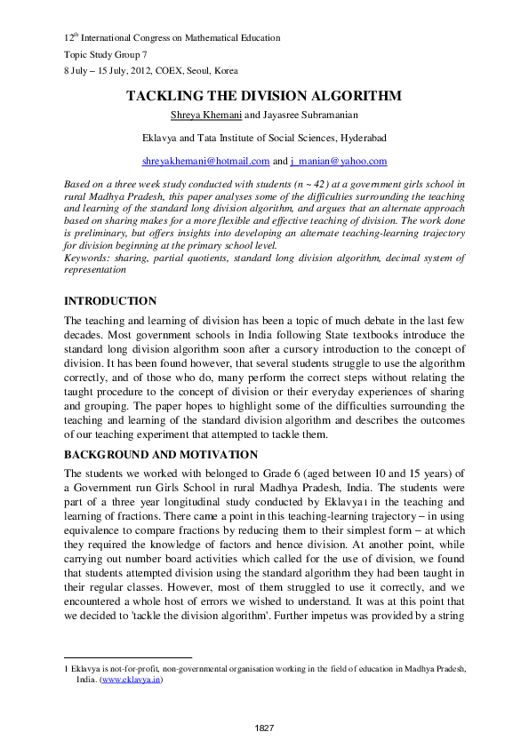 (PDF) TACKLING THE DIVISION ALGORITHM