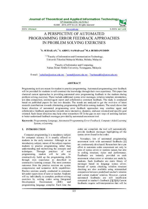 A PERSPECTIVE OF AUTOMATED PROGRAMMING ERROR FEEDBACK APPROACHES IN A PERSPECTIVE OF AUTOMATED PROGRAMMING ERROR FEEDBACK APPROACHES IN