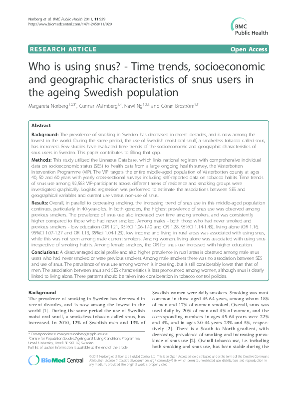 (PDF) Who is using snus?-Time trends, socioeconomic and geographic ...