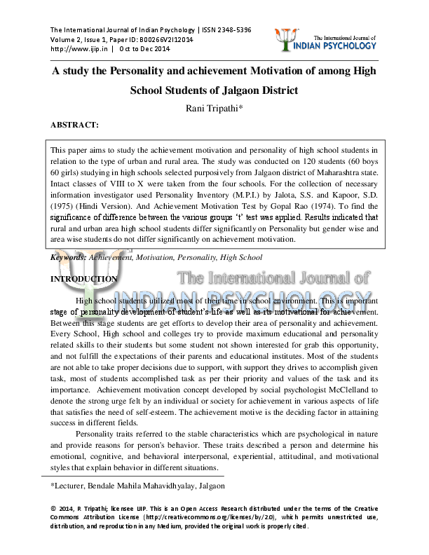 (PDF) A study the Personality and achievement Motivation of among High ...