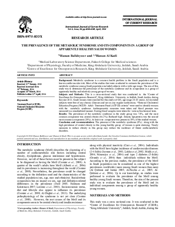 (PDF) THE PREVALENCE OF THE METABOLIC SYNDROME AND ITS COMPONENTS IN A ...