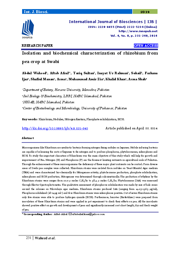 (PDF) Isolation and biochemical characterization of rhizobium from pea crop at Swabi Sohail