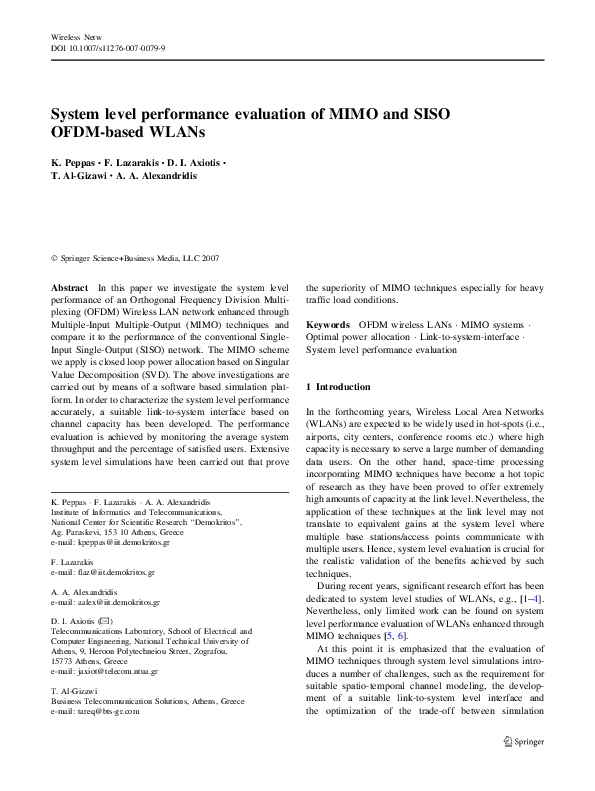 System level performance evaluation of MIMO and SISO OFDM-based WLANs