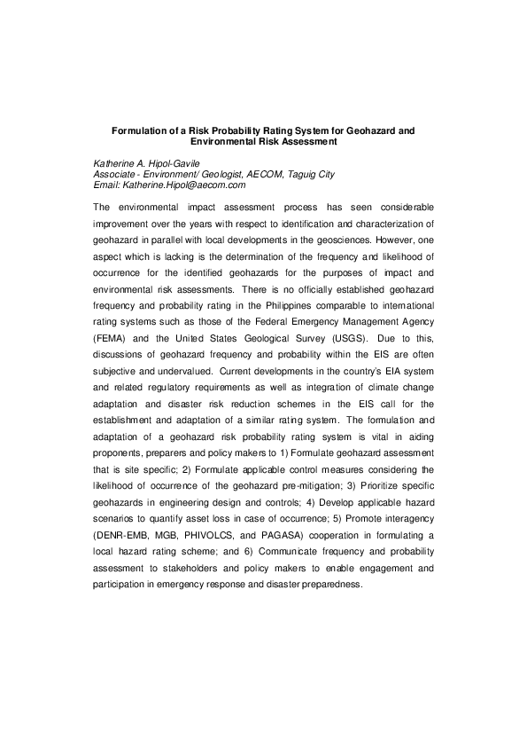 (PDF) Formulation of a Risk Probability Rating System for Geohazard and ...