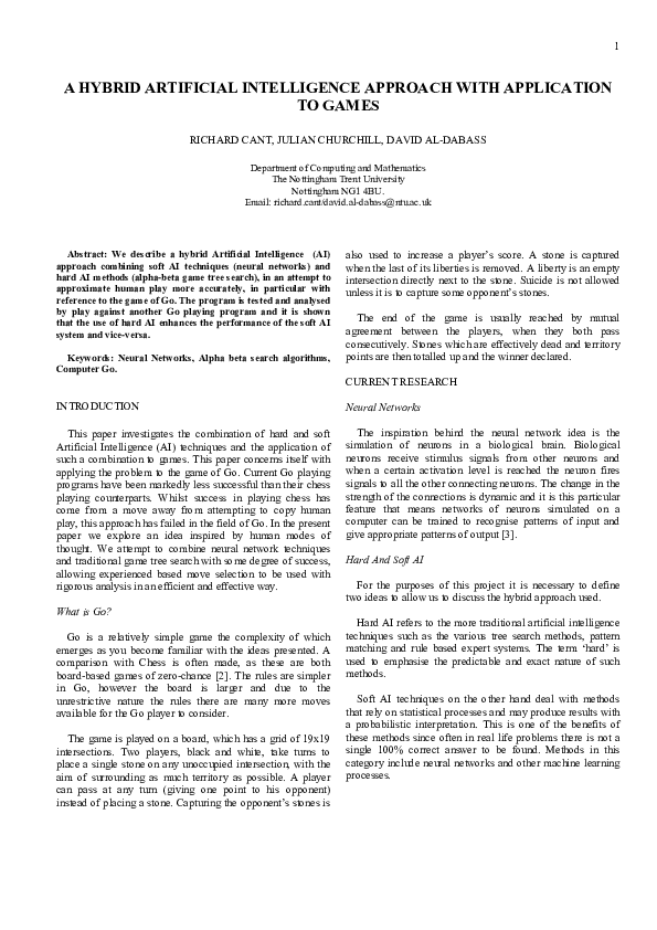 (PDF) A hybrid Artificial Intelligence approach with application to games
