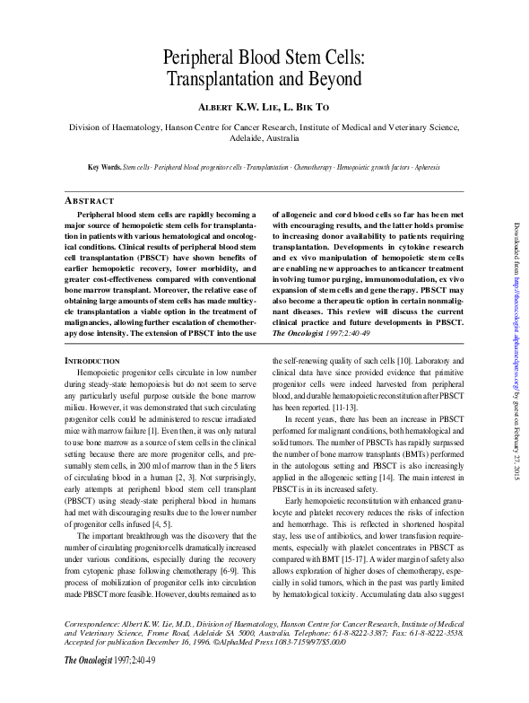 (PDF) Peripheral Blood Stem Cells: Transplantation and Beyond