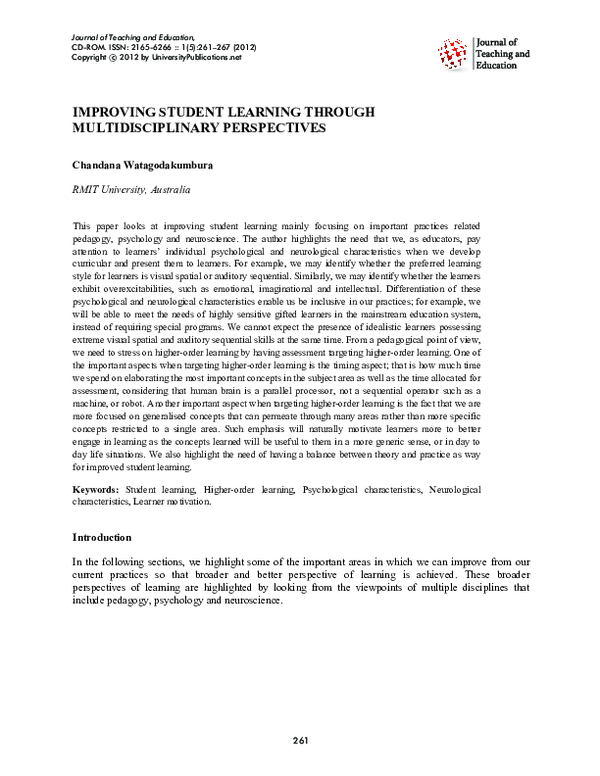 (PDF) IMPROVING STUDENT LEARNING THROUGH MULTIDISCIPLINARY PERSPECTIVES