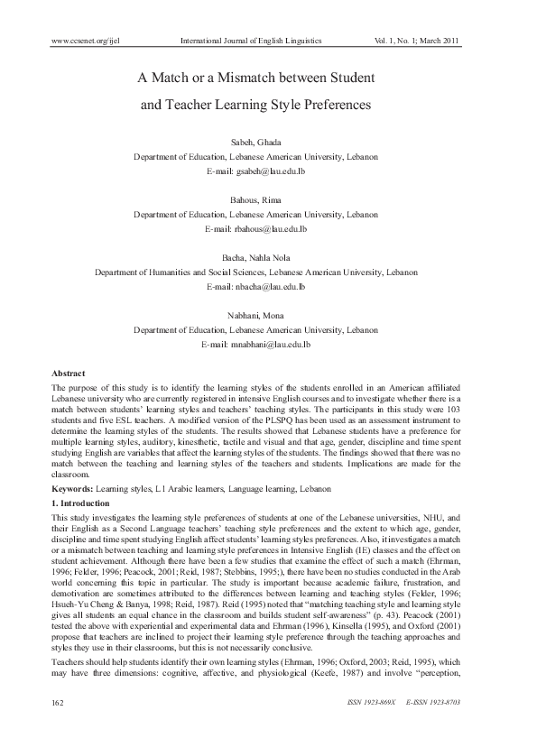 (PDF) A Match or a Mismatch between Student and Teacher Learning Style ...