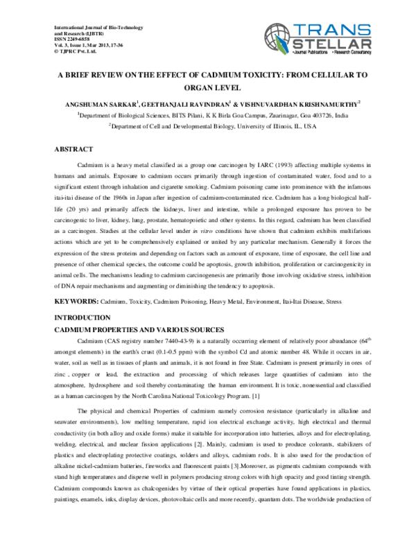 (PDF) A BRIEF REVIEW ON THE EFFECT OF CADMIUM TOXICITY: FROM CELLULAR ...