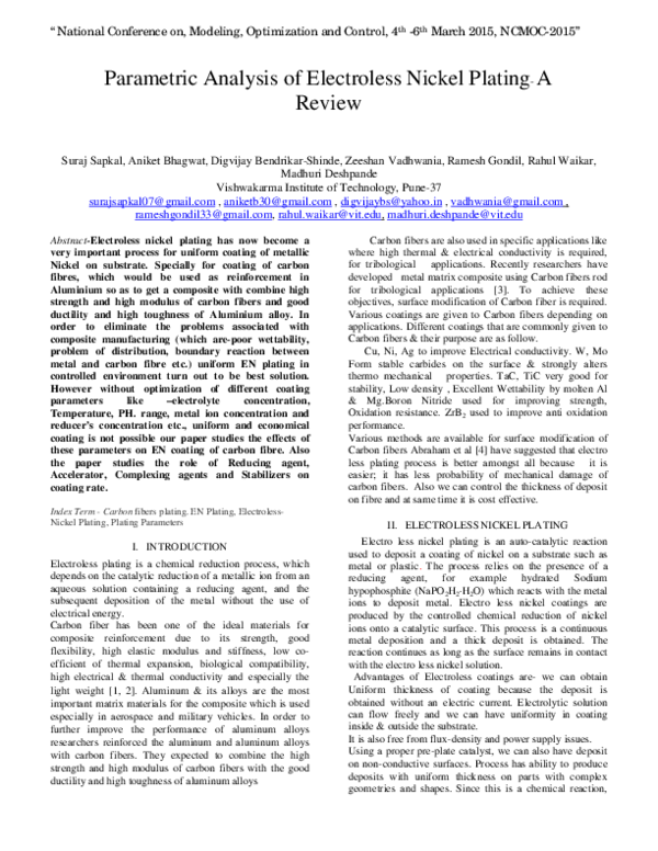 Parametric Analysis of Electroless Nickel Plating-A Review