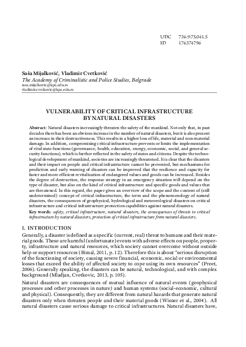 (PDF) VULNERABILITY OF CRITICAL INFRASTRUCTURE BY NATURAL DISASTERS