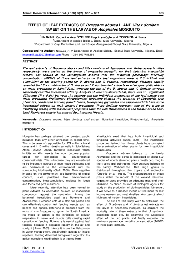 (PDF) EFFECT OF LEAF EXTRACTS OF Draceana aborea L. AND Vitex doniana ...