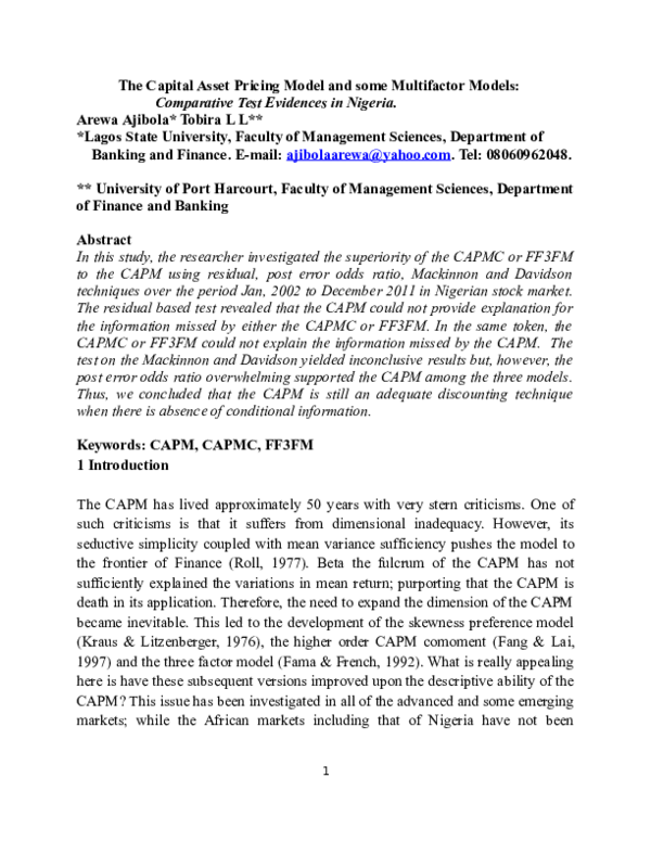 (DOC) The Capital Asset Pricing Model and some Multifactor Models ...