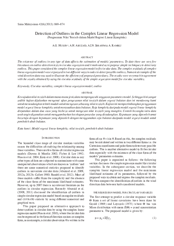 (PDF) Detection of Outliers in the Complex Linear Regression Model