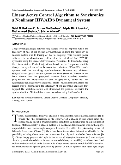 (PDF) Linear Active Control Algorithm to Synchronize a Nonlinear HIV ...