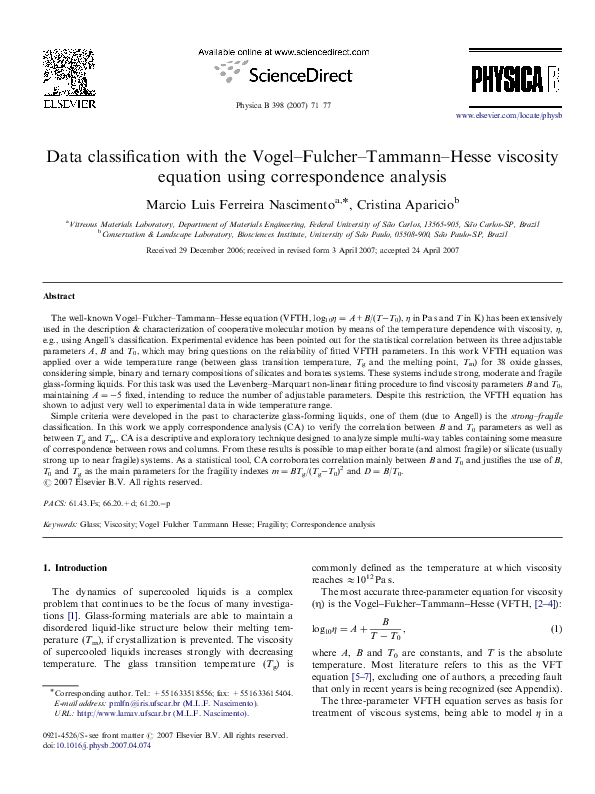 Data classification with the Vogel Fulcher Tammann Hesse viscosity ...
