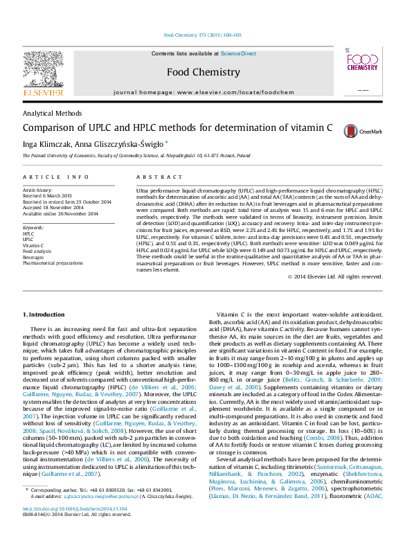 Comparison of UPLC and HPLC methods for determination of vitamin C