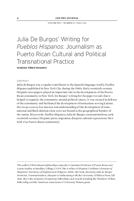 (PDF) Julia De Burgos’ Writing for Pueblos Hispanos: Journalism as ...