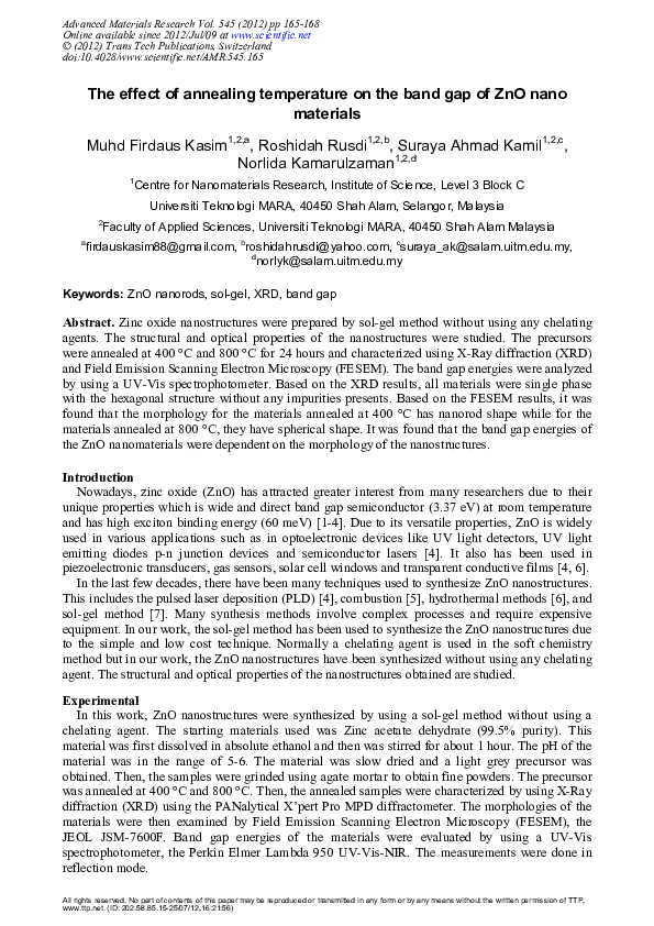 (PDF) The effect of annealing temperature on the band gap of ZnO nano ...