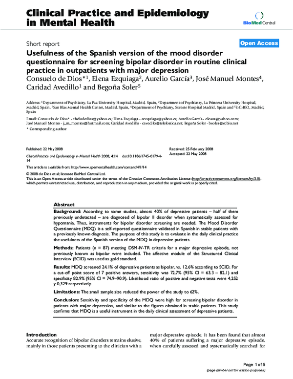 (PDF) Usefulness of the Spanish version of the mood disorder ...