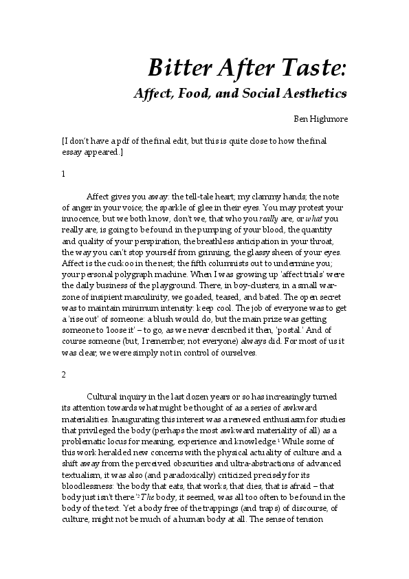 (PDF) Bitter After Taste Affect, Food, and Social Aesthetics Ben Highmore Academia.edu