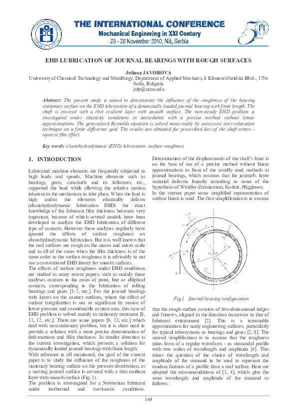 (PDF) EHD Lubrication of Journal Bearings with Rough Surfaces Juliana