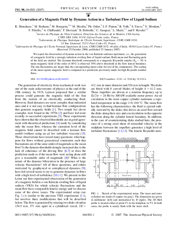 (PDF) Generation of magnetic field by dynamo action in a turbulent flow ...