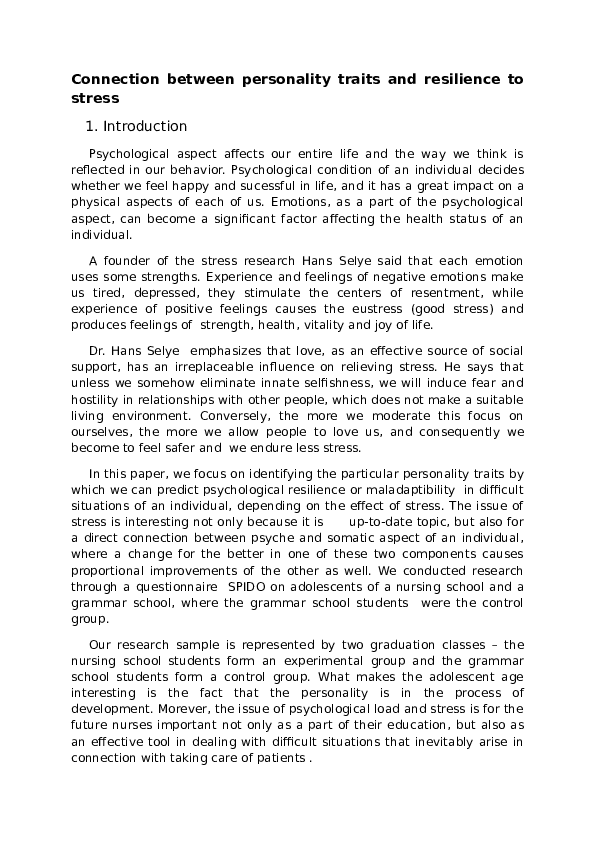 (DOC) The Connection between Personality Traits and Resistance to Stress
