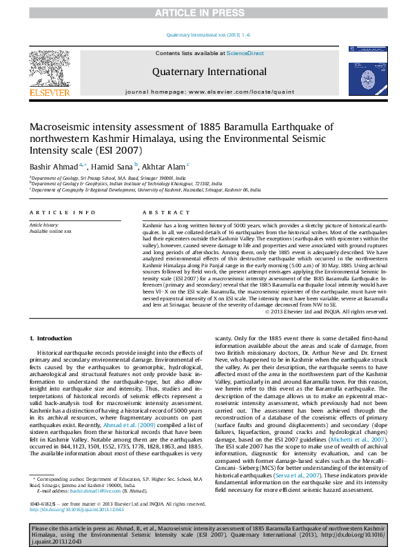 (PDF) Macroseismic intensity assessment of 1885 Baramulla Earthquake of ...