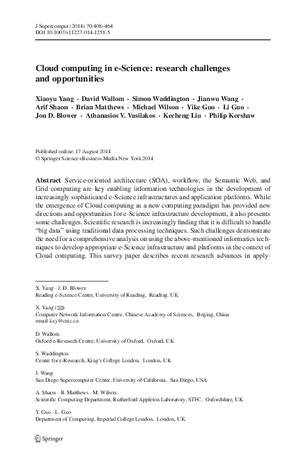 (PDF) Cloud Computing in e-Science: Research Challenges and Opportunities