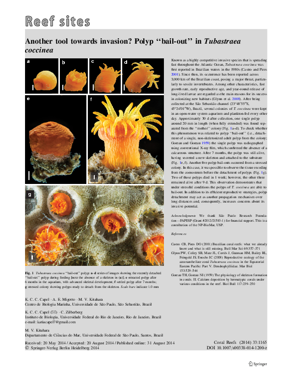 (PDF) Another tool towards invasion? Polyp ‘‘bail-out’’ in Tubastraea ...