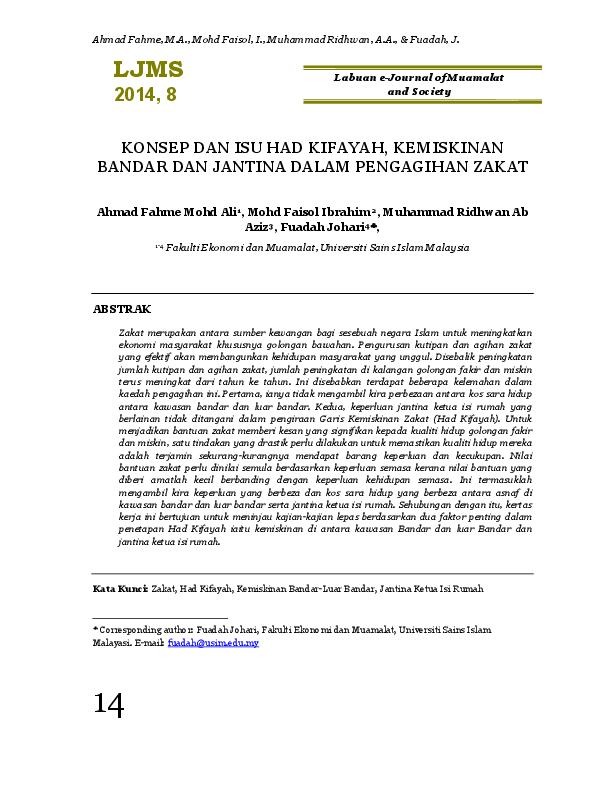Konsep Dan Isu Had Kifayah Kemiskinan Bandar Dan Jantina Dalam Pengagihan Zakat Professor Dr Muhammad Ridhwan Ab Aziz Academia Edu