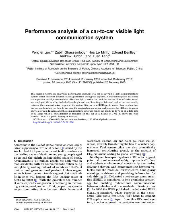 (PDF) Performance analysis of a car-to-car visible light communication ...