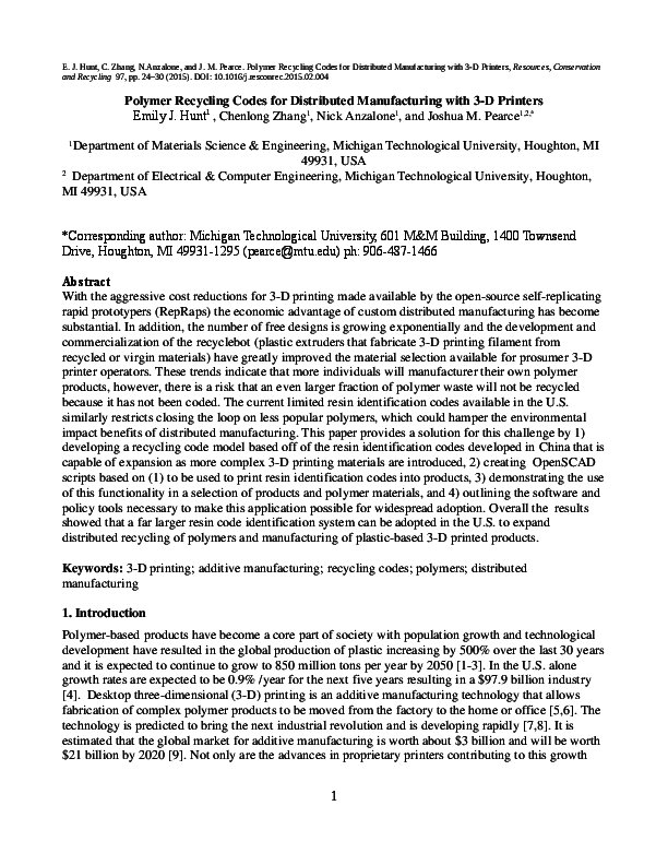Polymer recycling codes for distributed manufacturing with 3-D printers