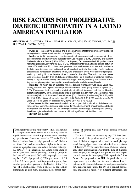 (PDF) RISK FACTORS FOR PROLIFERATIVE DIABETIC RETINOPATHY IN A LATINO ...