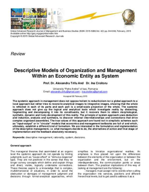 (PDF) Descriptive Models of Organization and Management Within an ...