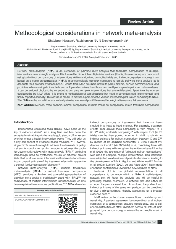 Methodological considerations in Network Meta Analysis