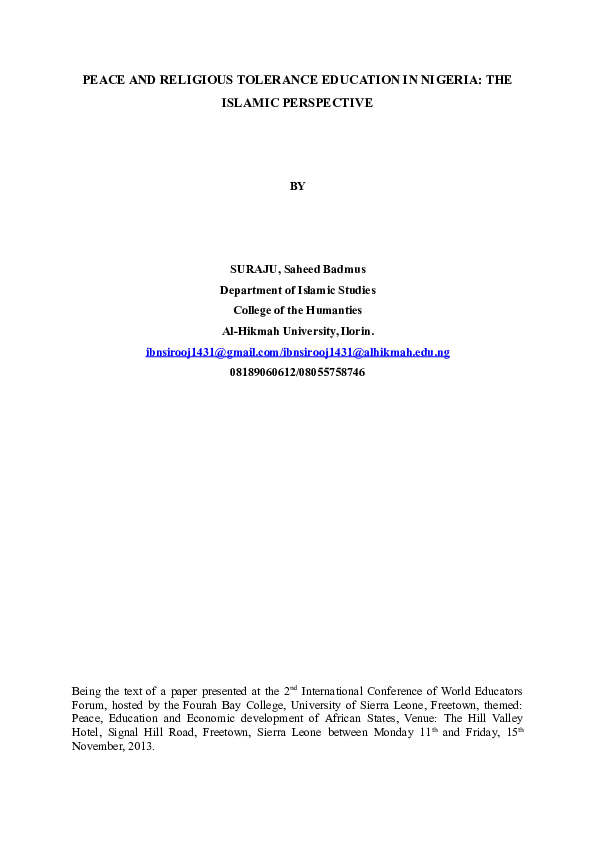 (DOC) PEACE AND RELIGIOUS TOLERANCE EDUCATION IN NIGERIA: THE ISLAMIC ...