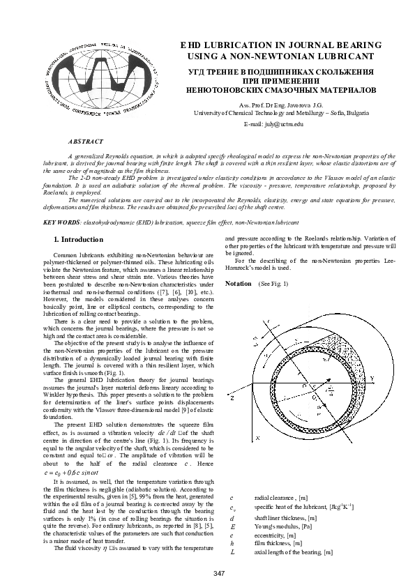 (PDF) EHD Lubrication in Journal Bearing Using a NonNewtonian