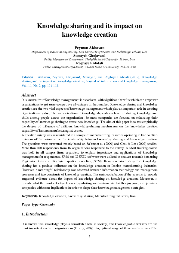Knowledge sharing and its impact on knowledge creation