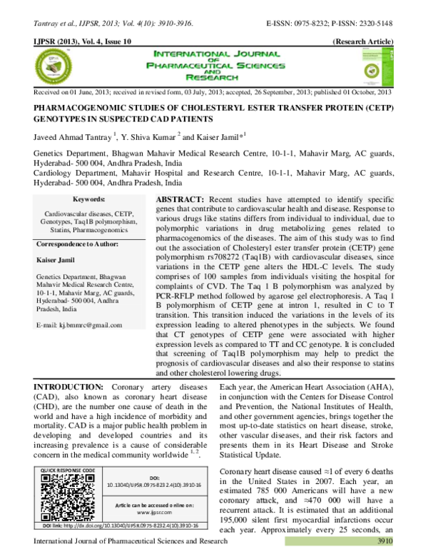 (PDF) PHARMACOGENOMIC STUDIES OF CHOLESTERYL ESTER TRANSFER PROTEIN ...