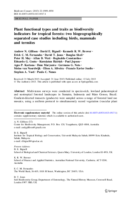 (PDF) Plant functional types and traits as biodiversity indicators for ...