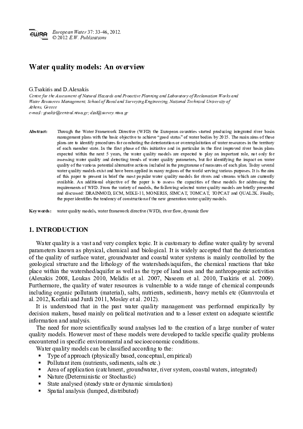 (PDF) Water Quality Models An Overview Dimitrios E M . ALEXAKIS Academia.edu