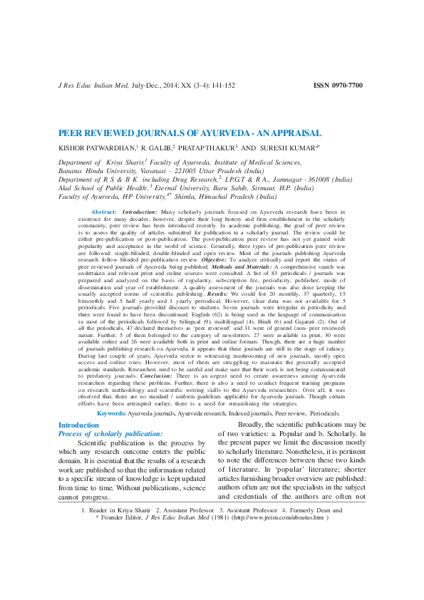 (PDF) PEER REVIEWED JOURNALS OF AYURVEDA AN APPRAISAL R. Galib and