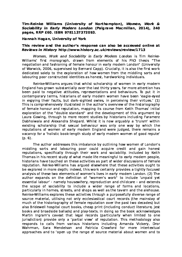(DOC) Review: Tim Reinke-Williams, 'Women, Work and Sociability in ...