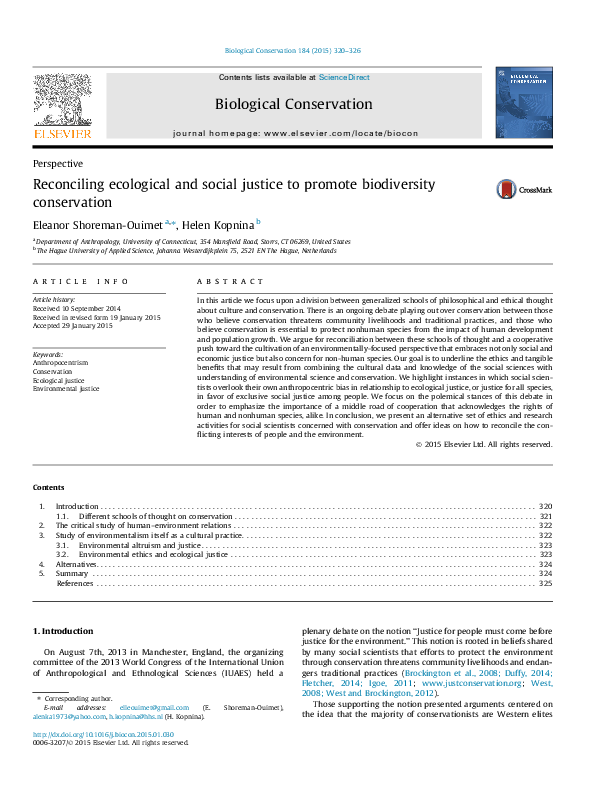 First page of “Reconciling Ecological and Social Justice to Promote Biodiversity Conservation”