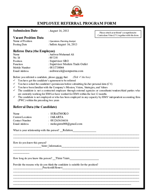 Doc Employee Referral Program Form Vacant Position Data Referee Data The Employee Suratmoko Muhammad Academia Edu