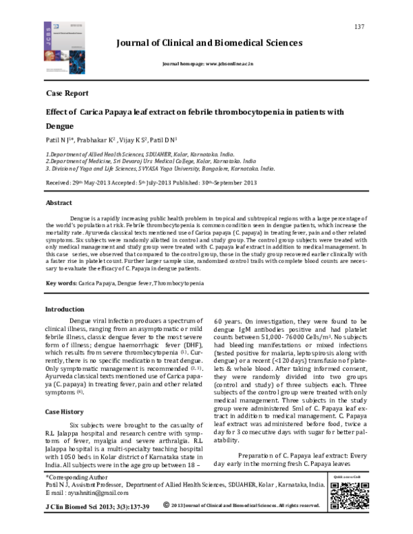 (PDF) Effect of Carica Papaya leaf extract on febrile thrombocytopenia