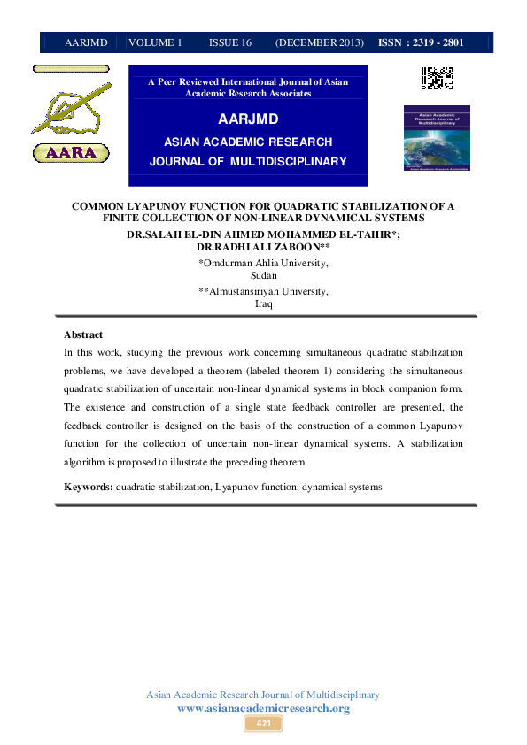 (PDF) COMMON LYAPUNOV FUNCTION FOR QUADRATIC STABILIZATION OF A FINITE ...
